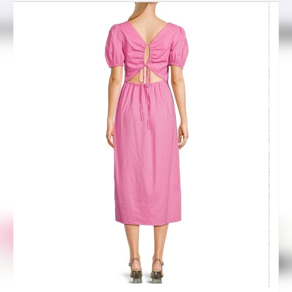 Gianni Bini Nwt Linen Pink Short Sleeve Side Slit Midi Dress Size L - Picture 2 of 3